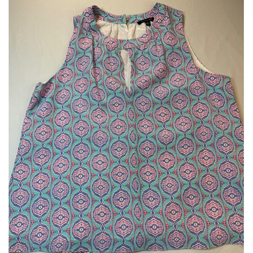 Lauren Gold Womens Large 100% Silk Sleeveless‎ Top Teal Pink Medallion Keyhole L